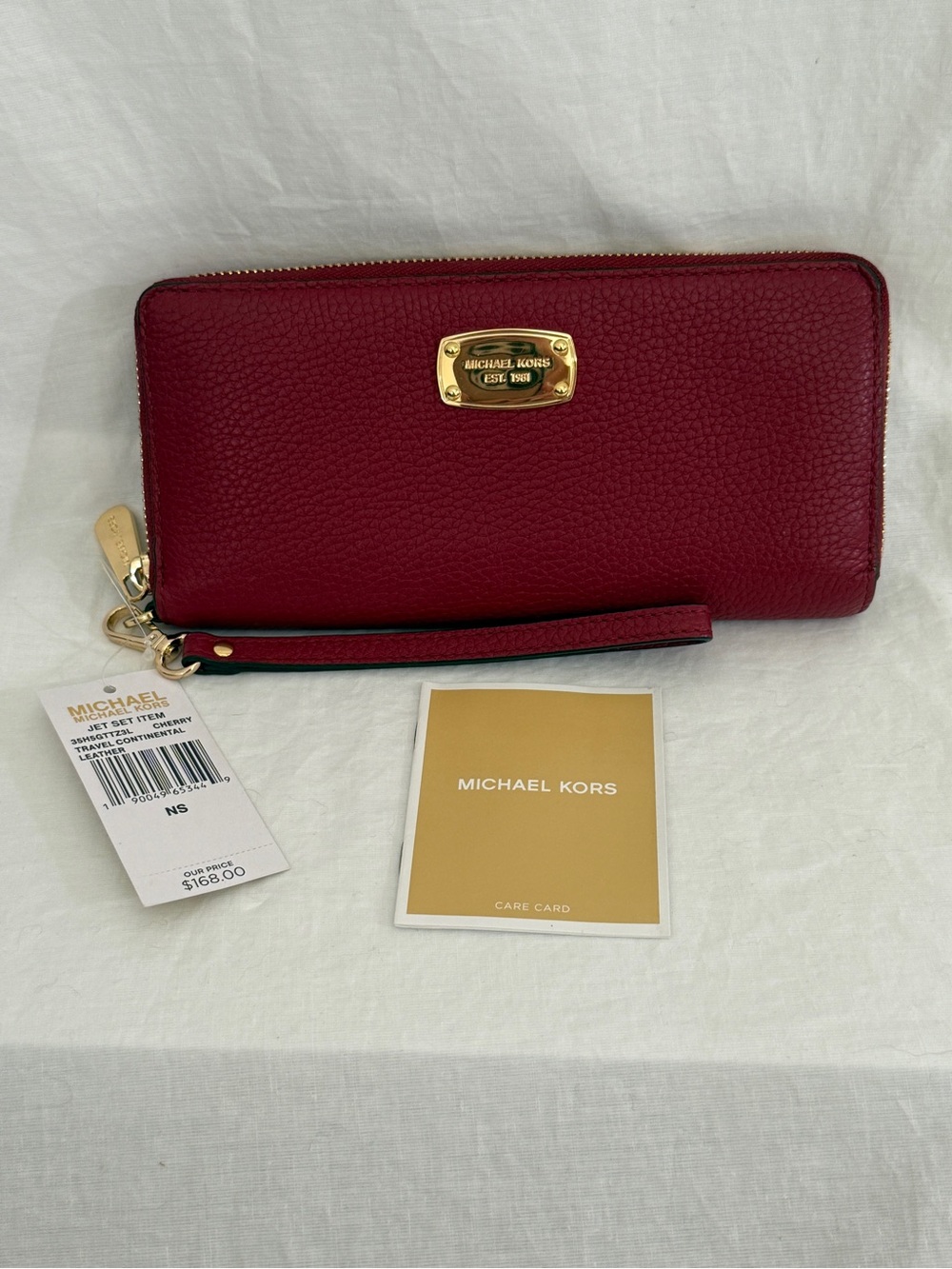 NWT Michael Kors Cherry Pebbled Leather Zip Wristlet with Gold Hardware